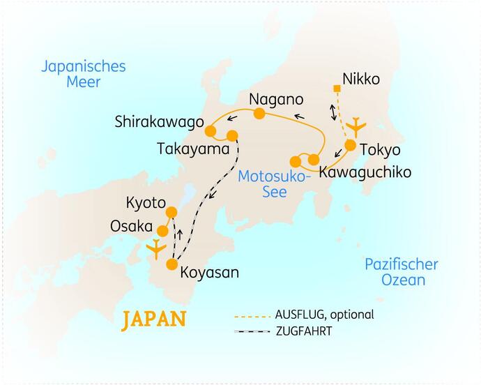 Reiseroute der 13 Tage Japan Reise