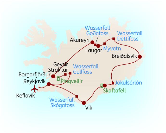 Reiseroute der 8 Tage Island Reise
