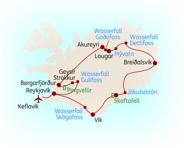Reiseroute der 8 Tage Island Reise