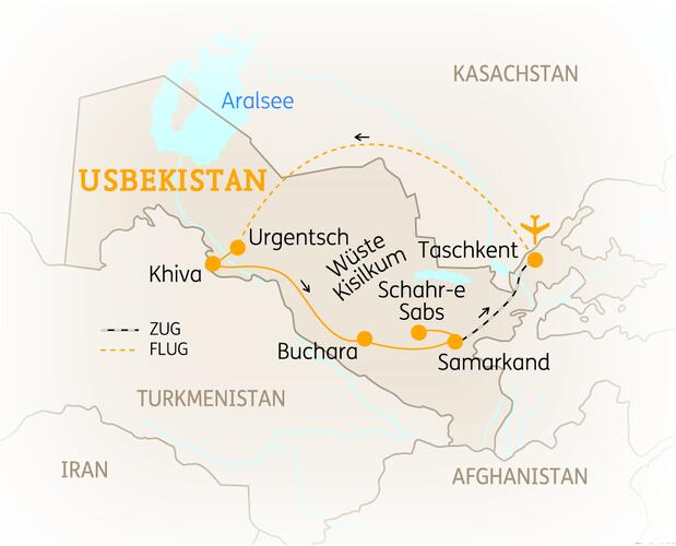 Reiseroute der 11 Tage Usbekistan Reise