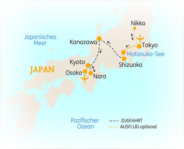 Reiseroute der 14 Tage Japan Reise