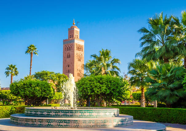 Blick auf das Minarett der Koutoubia Moschee bei einer Marrakesch Reise
