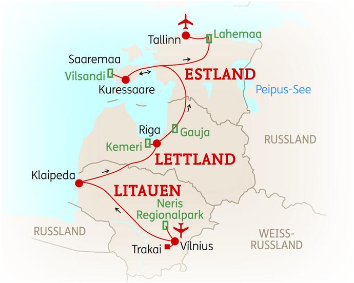 Reiseroute der 11 Tage Baltikum Reise