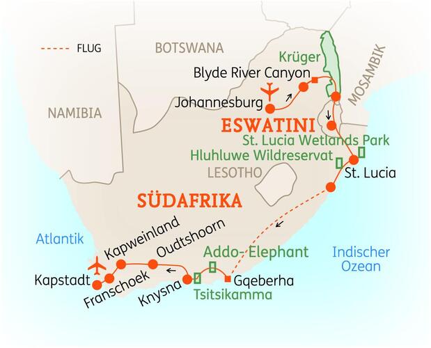 Reiseroute der 18 Tage Südafrika Reise