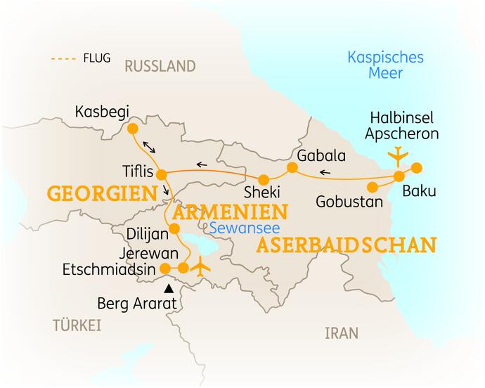 Reiseroute der 14 Tage Armenien, Georgien & Aserbaidschan Reise