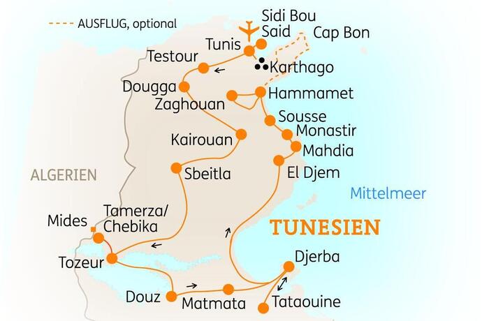 Reiseroute der 16-tägigen Tunesien Rundreise