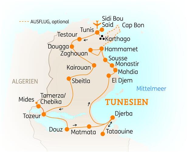 Reiseroute der 16-tägigen Tunesien Rundreise