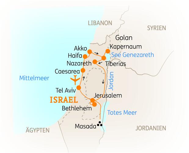 Reiseroute der 8 Tage Israel Reise