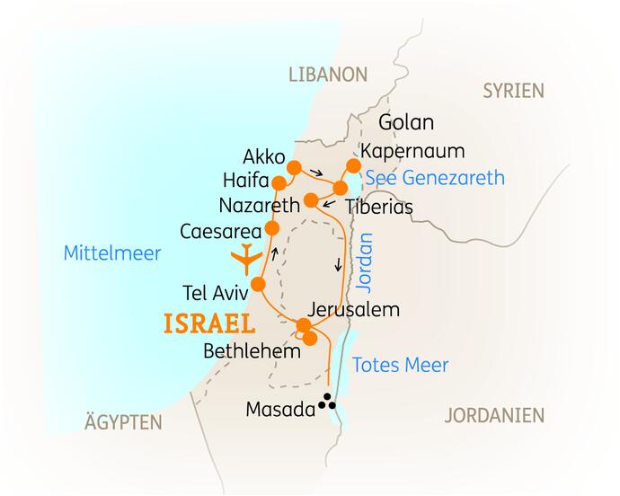 Reiseroute der 8 Tage Israel Reise