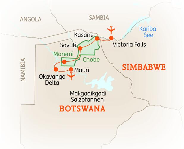 Reiseroute der 14-tägigen Botswana und Simbabwe Reise