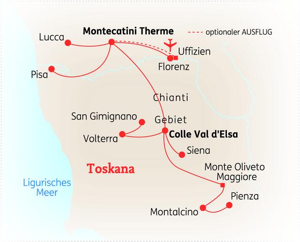 Reiseroute der 10 Tage Toskana  Reise