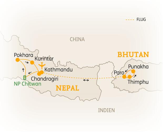 Reiseroute der 15 bis 16 Tage Nepal & Bhutan Reise