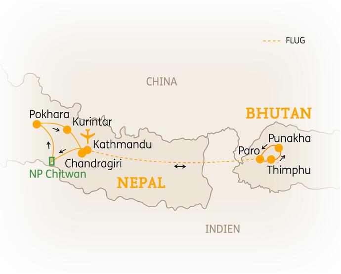Reiseroute der 15 bis 16 Tage Nepal & Bhutan Reise