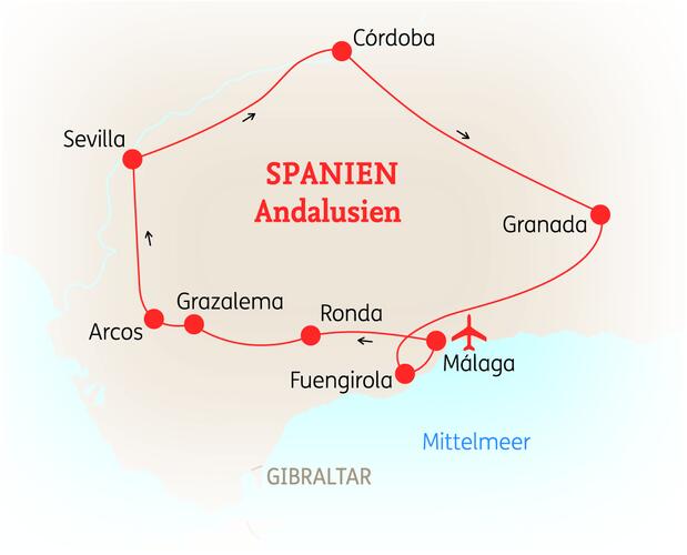Reiseroute der 8 Tage Andalusien Reise