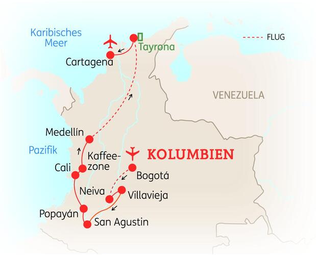 Reiseroute der 20-tägigen Kolumbienreise
