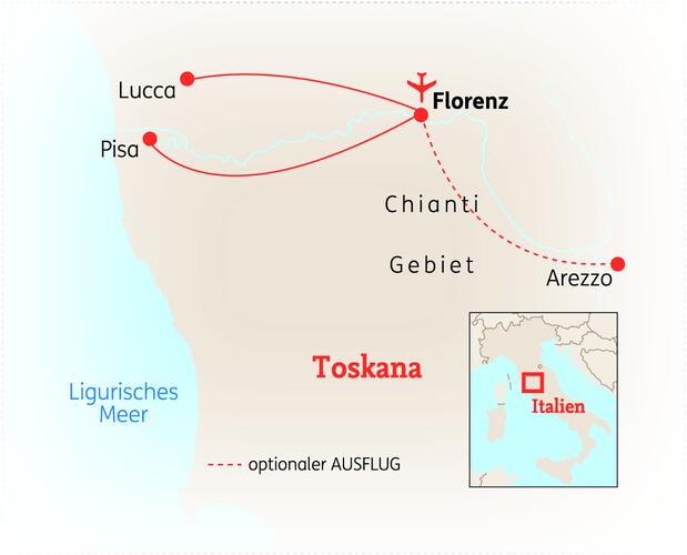 Reiseroute der 8 Tage Florenz & Toskana Reise