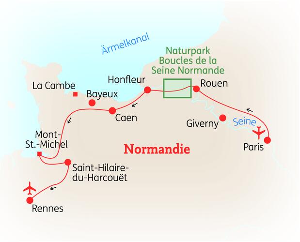 Reiseroute der 8 Tage Normandie Reise