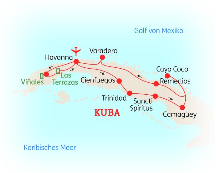 Reiseroute der 18 Tage Kuba Reise