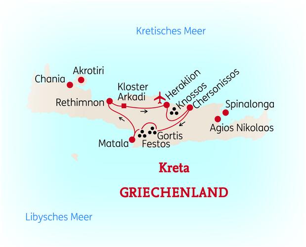 Reiseroute der 8 Tage Kreta Reise