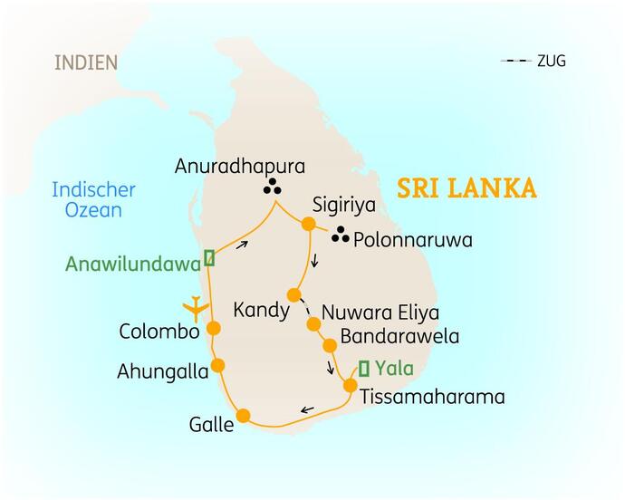 Reiseroute der 14-tägigen Sri Lanka Rundreise 