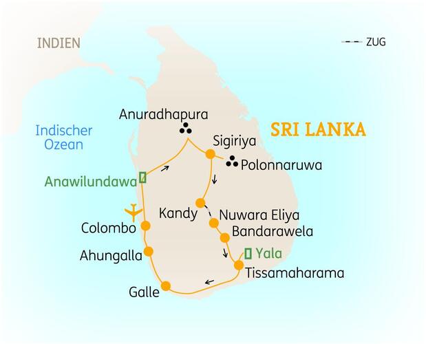 Reiseroute der 14-tägigen Sri Lanka Rundreise 