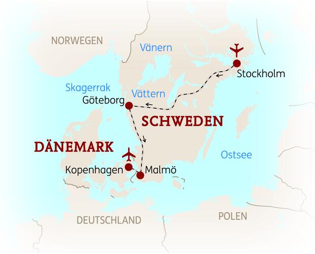 Reiseroute der 8 Tage Stockholm, Göteborg, Malmö & Kopenhagen Reise