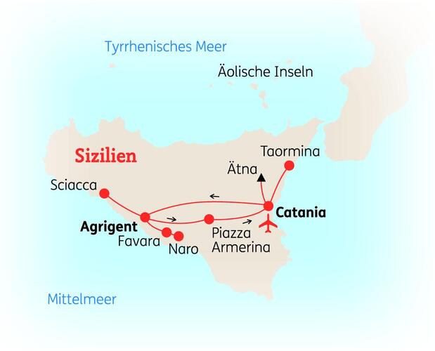 Reiseroute der 8-tägigen Sizilien-Reise 