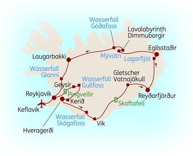 Reiseroute der 8 Tage Island Reise