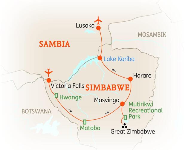 Reiseroute der 14-tägigen Simbabwe Rundreise