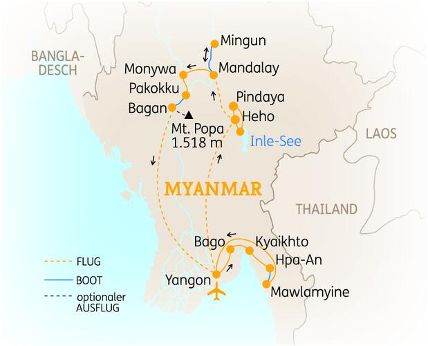Reiseroute der 19 Tage Myanmar Reise