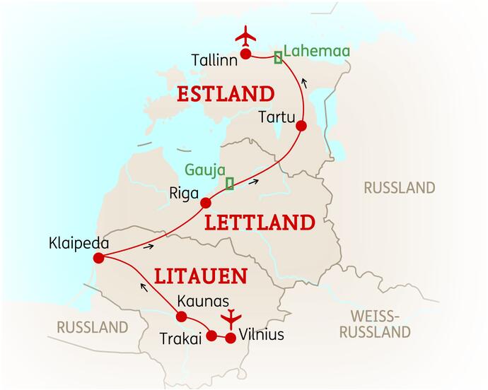 Reiseroute der 10 Tage Baltikum Reise