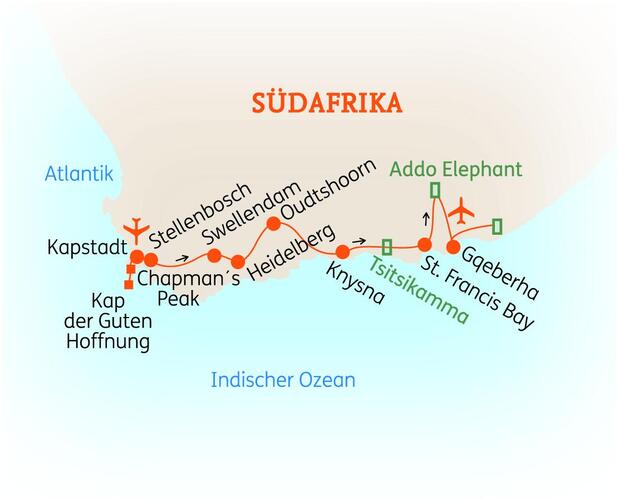 Reiseroute der 15 Tage Südafrika Reise 