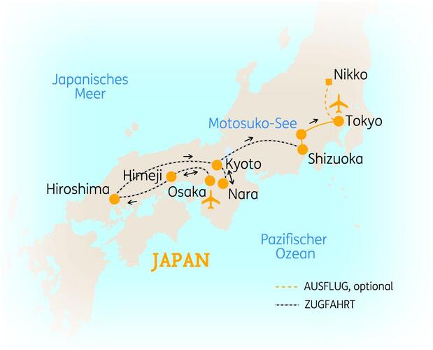 Reiseroute der 12 Tage Japan Reise