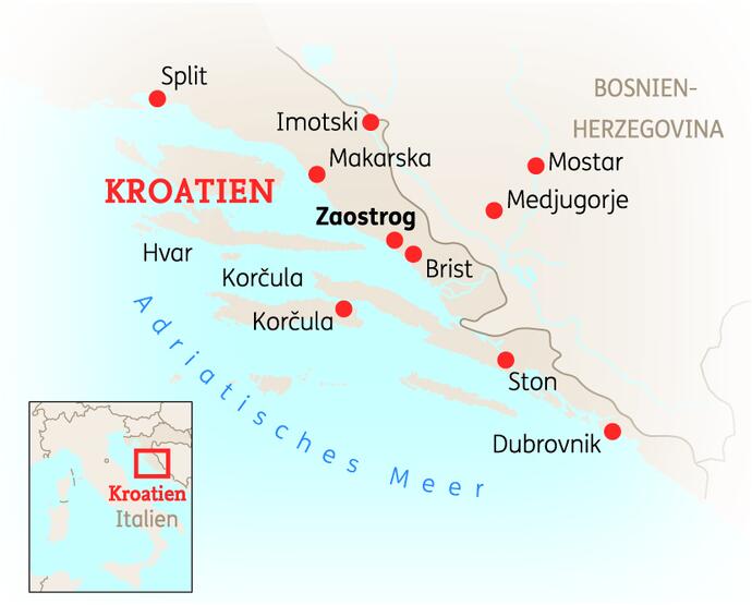 Reiseroute der 8 Tage Dalmatien Reise