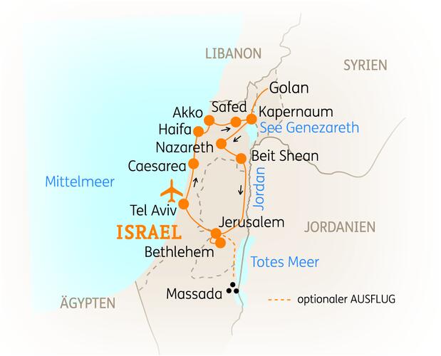 Reiseroute der 10 Tage Israel Reise