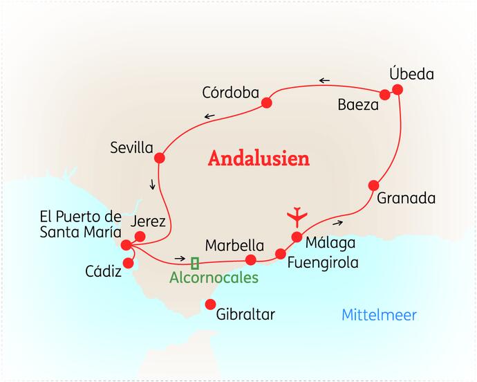 Reiseroute der 14 Tage Andalusien Reise