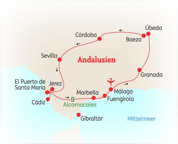 Reiseroute der 14 Tage Andalusien Reise