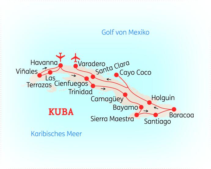 Reiseroute der 22 Tage Kuba Reise