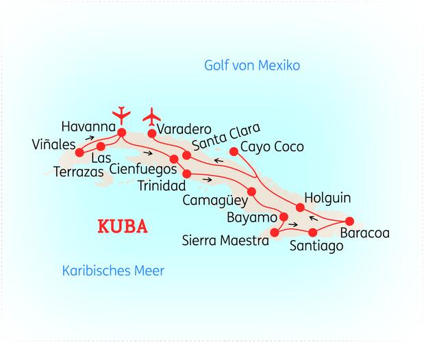 Reiseroute der 22 Tage Kuba Reise