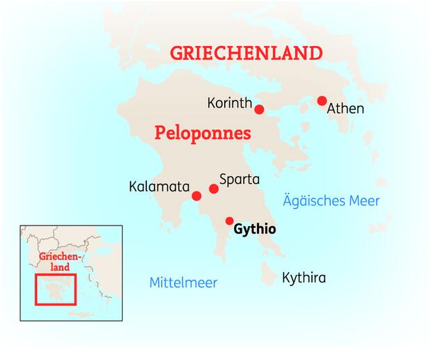 Reiseroute der 15 Tage Mani / Südpeloponnes Reise