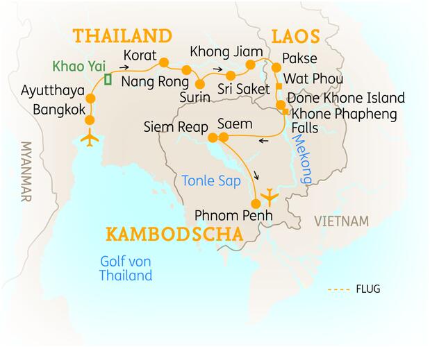 Reiseroute der 17 Tage Thailand, Laos & Kambodscha Reise