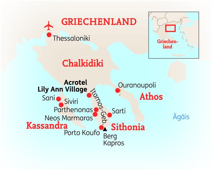 Reiseroute der 8 Tage Chalkidiki Reise