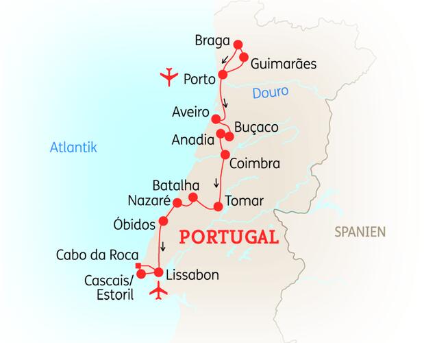 Reiseroute der 10 Tage Porto & Lissabon Reise