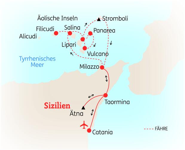 Reiseroute der 11 Tage Sizilien & Äolische Inseln Reise