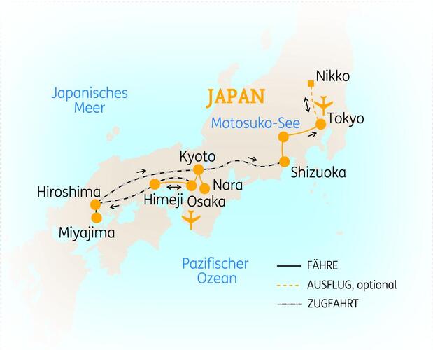 Reiseroute der 12-tägigen Japanreise