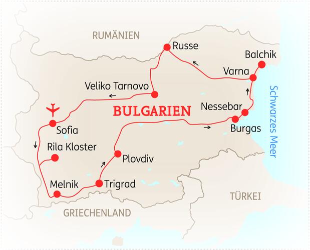 Reiseroute der 10 Tage Bulgarien Reise