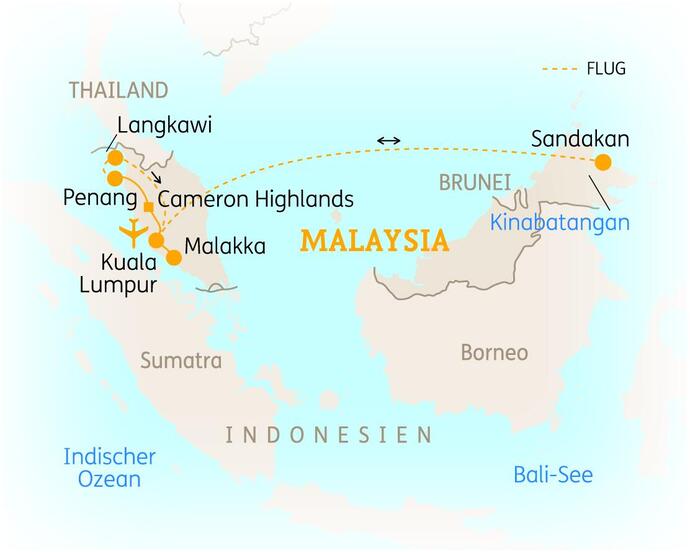 Reiseroute der 15-tägigen Malaysia Rundreise